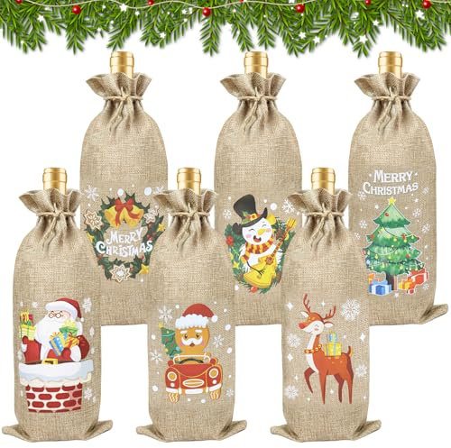6 Stück Flaschentüten Weihnachten Deko weihnachten, Geschenkverpackung Flasche Jutebeutel Wein, Weinflaschen Verpackung Abdeckung Wiederverwendbare für Weihnachts Geschenk Verpackung