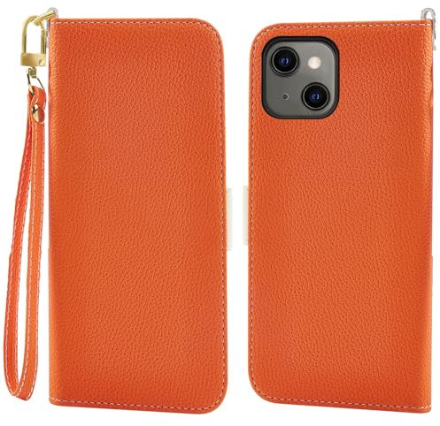Jeffene Phone Case for iPhone 13 (6.1 inch),Litchi Texture Leather Wallet Case,Folio Magnetic Closure Case,Flip Cover Case with Card Slots,Kickstand and Lanyards,Orange