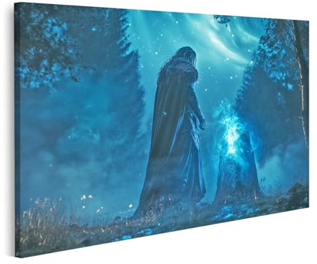 islandburner Bild auf Leinwand Zauberer im Wald bei Nacht mit magischem Leuchten Bilder Wandbilder Poster