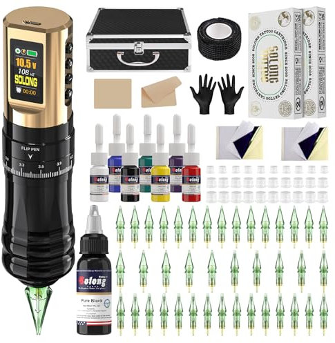 Solong Tattoo Maschine Set Profi, Rotary Wireless Tattoo Pen Gun Kit mit 1800mAh Akku, LCD Digital 40 Cartridges Nadeln 8 hochwertigen Tinten für Tattoo Anfänger und Künstler SLE96EN01SEU-9
