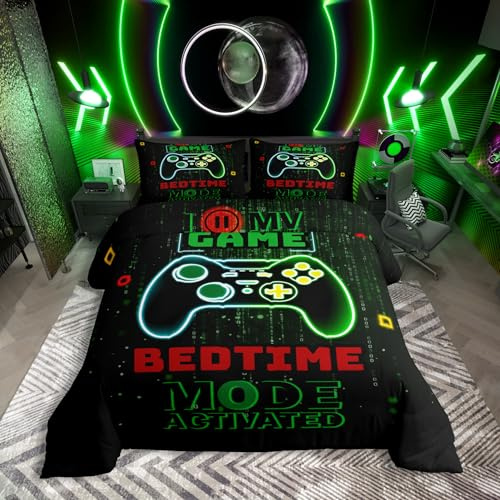 Homewish Gaming Bettwäsche 155x220 Kinder,Gradient Blau Grün Leuchten Gamer Videospiel Bettbezug für Jungen Teenager, Geometrie Neuartiger Moderne Spiel Controller Bettwäsche-Set Mit 1 Kissenbezug