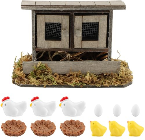 Restynic Miniatur-Hühnerstall-Set – 13-teiliges Bauernhof-Dekor-Set mit Hühnern, Küken, Eiern und Nestern für Feengärten, DIY-Mini-Landschaften und Partydekoration