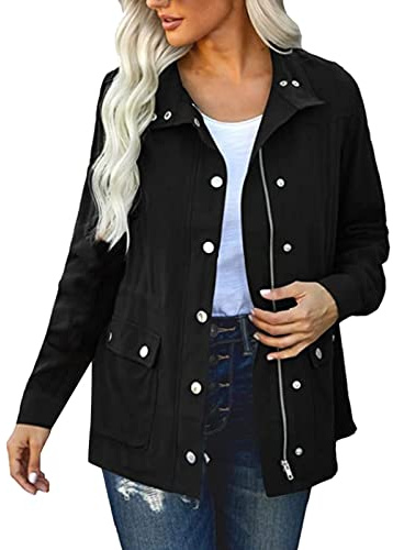 Veste Femme mi Saison Printemps Militaire Manteau Parka en Coton Casual Jacket Poches Blouson Vestes Saharienne Femme Sports Décontracté Outwear Zipper