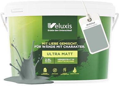 Veluxis® Pintura de pared gris para interiores - 2,5 litros y opacidad clase 1, sin vetas, antigoteo, ecológica y sin COV (Unique Eucalyptus)
