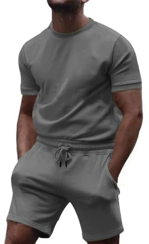 Trainingsanzug Herren Business Casual Trend Jogginganzug Basic Gutaussehend Mode Einfarbig T-Shirt Regular Fit Fitness Sport Kurzarm Und Kurze Hose 2-Teiliges Set K-Dark Grey XL