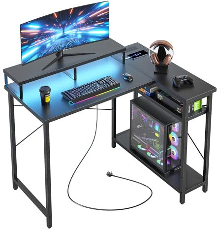 CubiCubi L Shaped Gaming Desk with LED Lights & Power Outlets, 105.5x80cm Computer Desk, Reversible Corner Desk with Monitor Stand for Home Office, Study, Play, Black