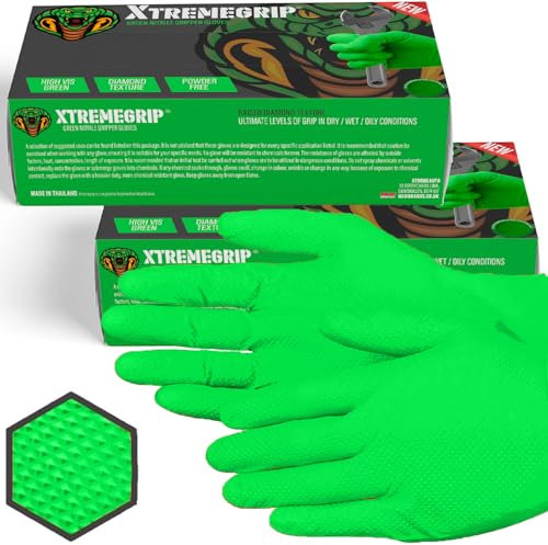 Xtremeauto Nitrile Gloves - Disposable Gloves, Diamond Grip Green - Powder-free & Latex Free Nitrile, Extra Thick & Strong Rubber (2 Boxes, L)