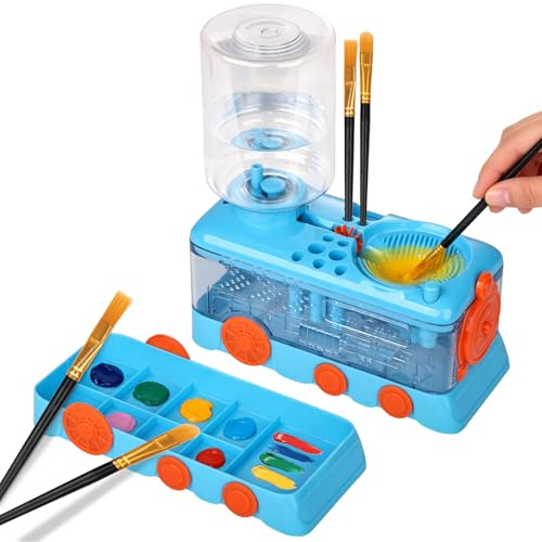 Foyucool Paint Brush Cleaner Rinser Station with 10 Brush & Palette | Automatic Water Cycle Paint Brush Washer Tool for Acrylics, Watercolour Paint, Blue