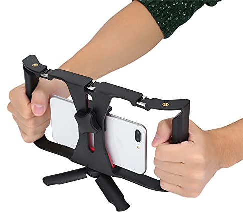 Dual Handle Handheld Phone Adjustable Stabilizer, Smart Phone Video Rig, Handheld Camera Stand, Suitable for Macro, Mobile Live Streaming, and Follow Up, Black and Red