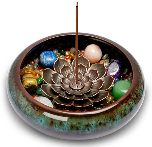 Lermende Bruciatore Incenso in Ceramica: Porta incenso con design loto rimovibile con Bruciatore per Incenso con Pietre dei Chakra e Coperchio in Metallo, Bruciatore per Incenso per La Meditazione. | Porta incenso in ceramica con pietre chakra e copertura in metallo, per yoga e relax.