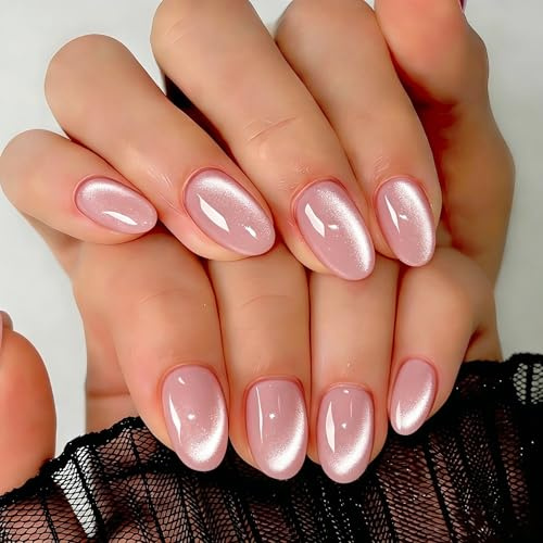 KQueenst Cat Eye Baby Pink Press on Nails Short Oval, Chrome False Nails with a Sparkle Finish, Glazed Gel Glue on Nails Press Ons Short, Cute Design, 30 Pcs 15 Sizes Reusable Thick Nail Set