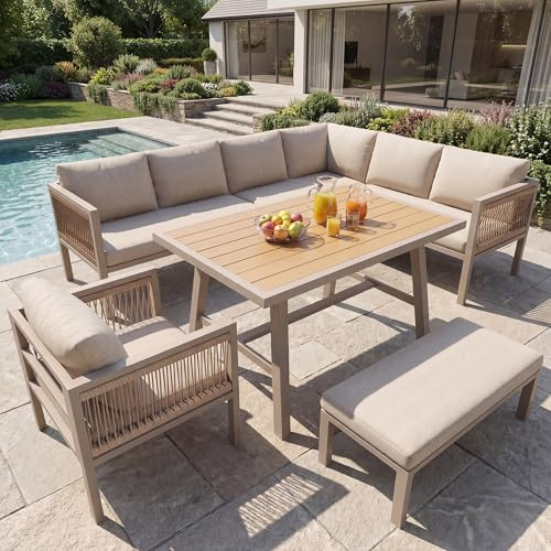 Garten Essgruppe 7-8 Personen,Gartenlounge-Set,Gartenmöbel Set,Seilwerk,großer Tisch mit Holzmaserung,mit verzinktem Eisengestell,verstellbare Beine,alle Sitz- und Rückenkissen inklusive (Beige)