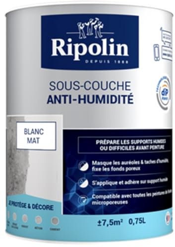 RIPOLIN - Sous-Couche Anti-Humidité Intérieur - Supports Humides ou Difficiles - Fixe les Fonds Poreux - Haute Protection - Masque les Auréoles & Taches d'Humidité - Mat - 0,75L - Blanc