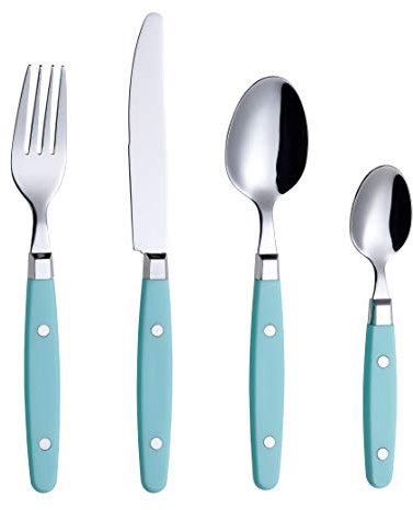Exzact Cuberterías 24 Piezas Acero Inoxidable - con Asas de Remache artesanales/Cubiertos de Estilo Retro - 6 x Tenedores, 6 x Cuchillo, 6 x cucharas de Mesa, 6 x cucharas de té (Turquesa)