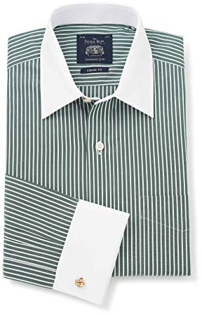 THE SAVILE ROW COMPANY LONDON Men's Classic Fit Cotton Poplin Formal Shirt - Double Cuff - Dark Green Reverse Stripe - 16 Collar - Standard