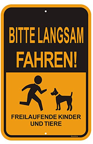 Goodvia Panneau d'avertissement « Achtung » pour enfants et animaux (45 x 30 cm) - En aluminium - Pour enfants - Veuillez rouler lentement - Résistant aux intempéries, encre durable, facile à monter.