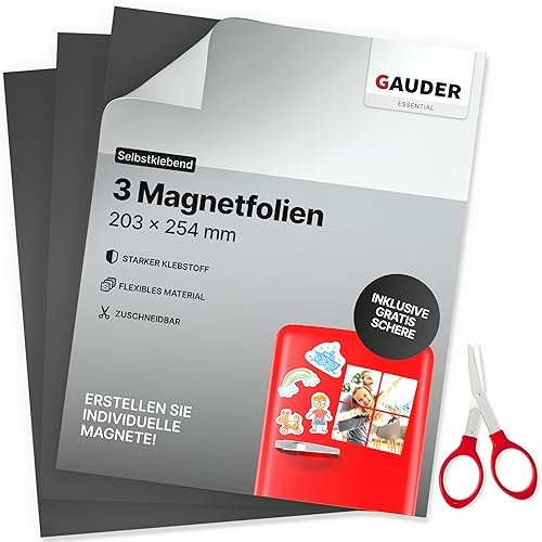 GAUDER Magnetfolie selbstklebend (20 x 25 cm – 3 Stück) | Magnetische Folie schwarz | Magnetklebefolie für Fotos & mehr