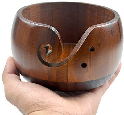 Holzsammlung Cuenco de Madera para Lana, Hecho a Mano Cuenco de Hilo para Tejer y Hacer Ganchillo, Pesado Robusto Inicio Tejido Crochet Accesorios, Tazón Porta Hilos con Agujeros Tallado, 15cm