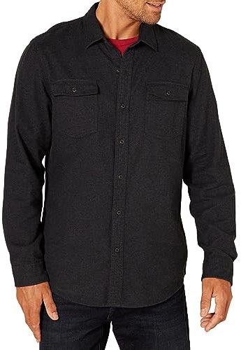 Amazon Essentials Men's Slim-Fit Long-Sleeve Two-Pocket Flannel Shirt, Black, XXL