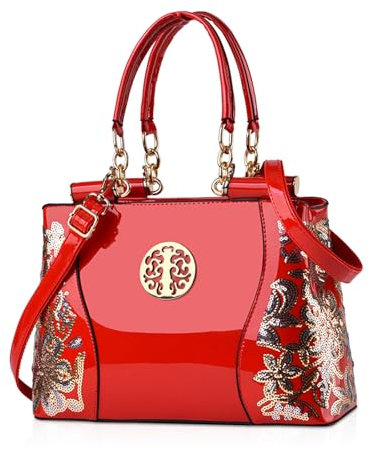 NICOLE & DORIS Donna Borse a mano vernice Borse a Tracolla Elegante Borse a Spalla in PU Pelle Borsetta Borse Tote Moda Borsa ricamata da Donna Rosso