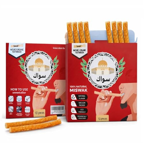 Miswak Sticks für Zähne | Sewak Natürliche Zahnbürste | Siwak Bio Holz Zahnbürste Oral Teeth Whitener mit Halter | Vakuumversiegelt (10 Stück)