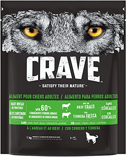 CRAVE Trockenfutter für ausgewachsene Hunde mit Lamm & Rindfleisch – 6 Beutel à 1 kg – Trockenfutter ohne Farbstoffe, Aromen oder Konservierungsstoffe, mit einem hohen Proteingehalt