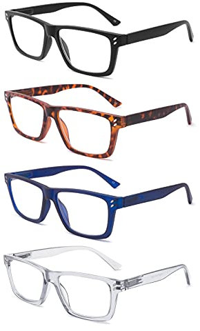 BOSAIL 4 Pack Reading Glasses Blue Light Blocking Large Square Frames with Spring Hinges, Anti Glare UV Eyestrain,Computer Readers for Men Women 1.0