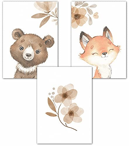 double critical Lemmami Papeterie 3er Set Boho Deko Wandbilder Kinderzimmer Babyzimmer Poster Bilder Mädchen Junge (Waldtiere Tiere Fuchs Bär)