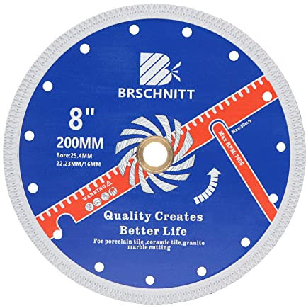 Super Thin Diamond Cutting Disc with X Teeth,BRSCHNITT 200mm x Arbor 25.4mm-22.23mm-16mm Tile Cutting Disc for Dry/Wet Cutting Porcelain Tile Ceramic Marble Granite