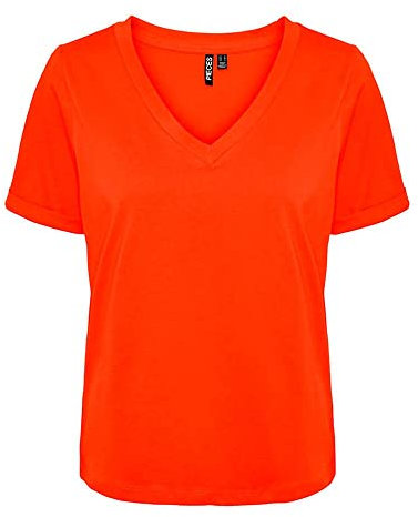 Pieces Damen Pcria Ss V-Neck Solid Tee Noos Bc, Tangerine Tango, XS