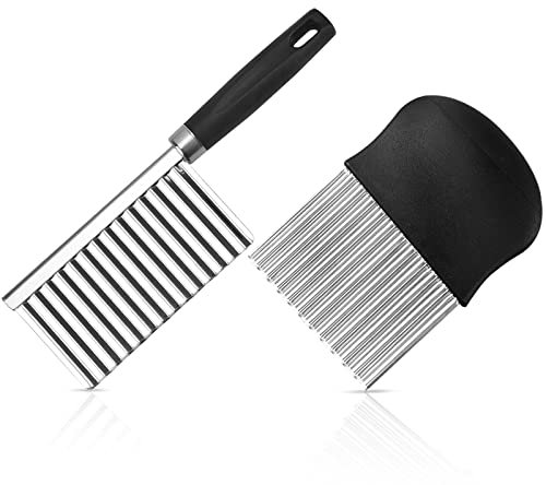 XIACIBDUS 2PCS Potato Crinkle Cutter, Stainless Steel Wavy Blade Crinkle Cutting Tool Chips Slicer Vegetable Chipper Chopper Chopping Knife for French Fry Onions Carrot…