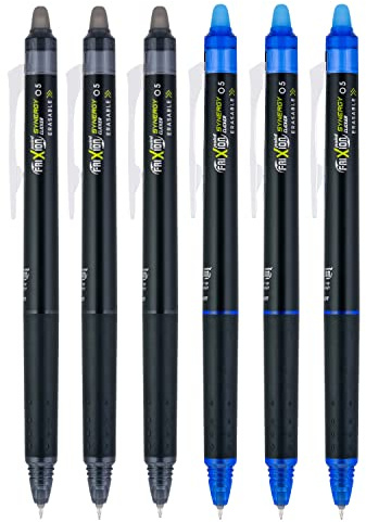 PILOT FriXion Synergy Clicker Retractable & Erasable Gel Ink Pens, 0.5mm Extra Fine Point, 6-pack (Black/Blue)