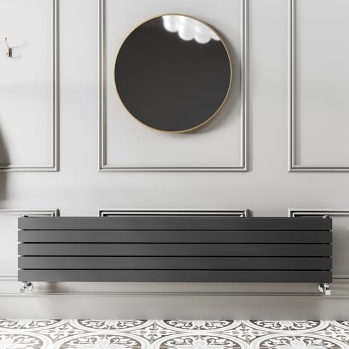 Go Bathrooms Pinta 340 x 1800mm Horizontal Radiator Anthracite Flat Panel Double Column Wall Mounted Designer Anthracite Grey Radiator Central Heating Includes Brackets
