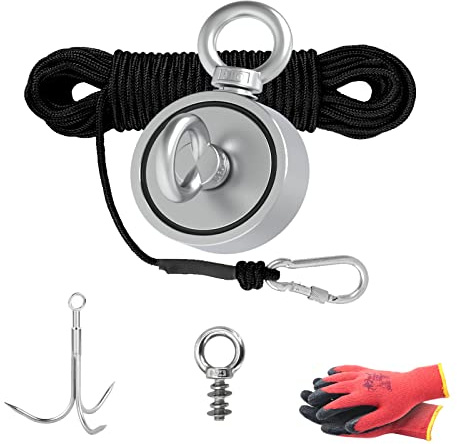 THCMAG Doppelseitiges Magnet-Angel-Set mit Grappling-Haken, Handschuhe, 680 kg kombinierte Stärke, starke Rückhol-Neodym-Magnete mit 1,8 m schwarzem Seil für Fluss-Magneten, Erholung, Angeln.