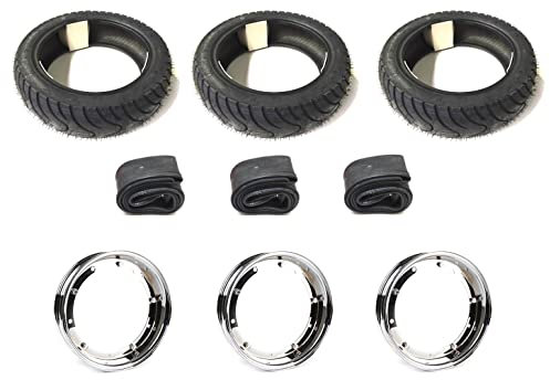 3x Reifen Felgen Chrom Schlauch Komplettsatz passend für Vespa, Piaggio und APE 50 TM – 10 Zoll Kompletträder Radsatz für Dreiradfahrzeuge