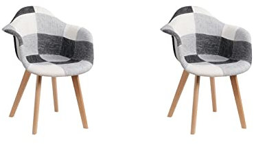 HJhomeheart Lot de 2 Chaises de Salle à Manger en Tissu Patchwork avec Accoudoirs, Fauteuil Design Moderne, Chaise de Cuisine Scandinave en Bois de Hêtre (Noir+Blanc+Gris)