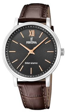 Festina Herrenuhr Analog Solar aus Leder Braun | Widerstandsfähiges Mineralglas, Wasserdicht 5 ATM, Herrenuhren, Elegant, F20660/6 Solar Energy