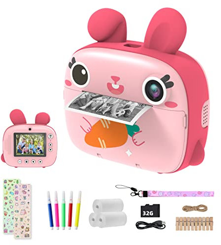 CAMCLID Camara Fotos Infantil Instantanea, 12MP/1080P Cámara Instantánea para Niños con Papel de Impresión Sin Tinta y Tarjeta 32G, Regalos para Niños y Niñas 3 a 12 Años (Rosa)