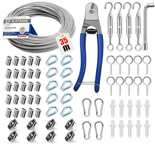 Angooni Lot de 74 Câbles en Acier Inoxydable 35 m, 3 mm d'Épaisseur, Avec Tendeur et Kit de Tuteur Pour Plantes Grimpantes, Corde à Rideaux