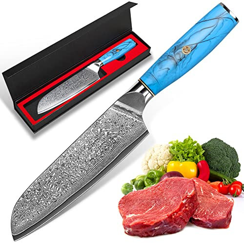 kyushublade Damascus Santoku Knife 7, 67-Layer High Carbon Stainless Steel Kitchen Knife, Blue Resin Handles, Ultra Sharp Chef's Knifes, Pro Cooking Knifes for Home Restaurant, Gift Box