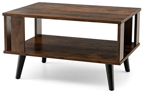 Multigot 2 Tier Coffee Table, Wooden Cocktail Accent Center Table with Open Storage Shelf & Side Baffle, Industrial Snack Tea End Sofa Side Table for Living Room Bedroom Office (Rustic Brown + Black)