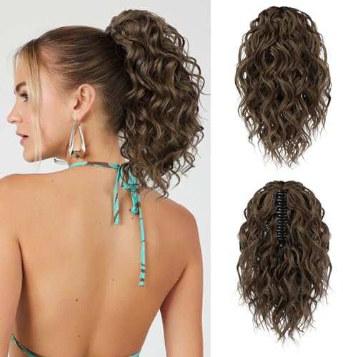FLUFYMOOZ Ponytail Extension, 31CM kurze Klauen Pferdeschwanz Haarverlängerung, gewellte, lockige Pferdeschwanz mit Kinnclip, synthetische Perücken für Frauen Mittelbraun Rotbraun