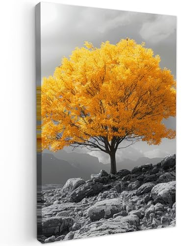 MuchoWow© Leinwandbild Groß XXL Dekoration Wohnzimmer Bilder Pictures Wall | 80x120 cm - Decoration Living Room Wohnungs Deko Moderne Bild Gelb - Baum - Natur - Schwarz und weiß