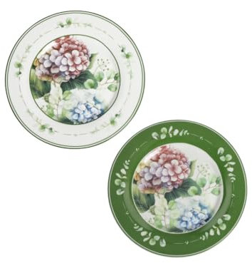 BRANDANI 51181 FLORA Juego de platos 2 piezas de porcelana, cm d 19, decoraciones florales, hortensias y folletos delicados, lavavajillas, microondas, horno, congelador