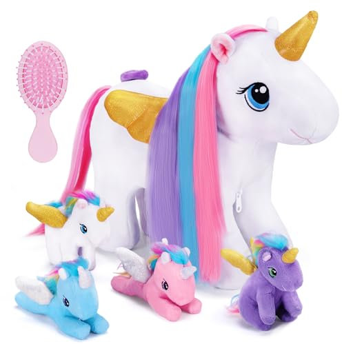 OUOZZZ 5 Stück Einhorn Kuscheltier Set, Weich Einhorn Plüschtier mit 4 Babys im Bauch - Party Geburtstagsgeschenk für Mädchen Jungen Kinder