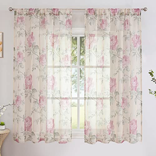 BUHUA Voile Vorhänge Halbtransparent Vorhang im Blumen Vorhänge mit Kräuselband Gardinenschals Muster Durchsichtige Vorhang für Wohnzimmer 2er Set, 175x140cm (HxB) Rosa