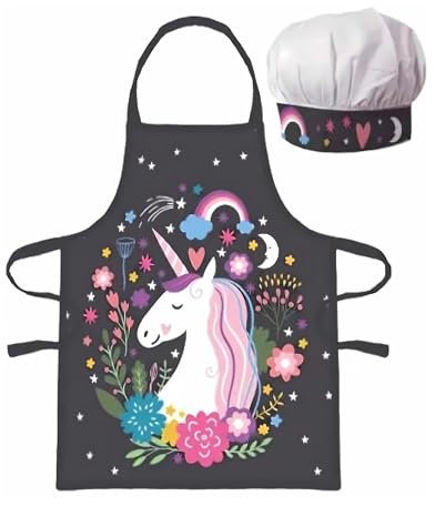 damaloo Einhorn Kinder Schürzen Set – Verstellbare Kochmütze und Schürze für Kinder - Kinderschürze mit Mütze für Jungen & Mädchen - Einhorn Kinderkochschürzen als Geschenk und Koch Kostüm