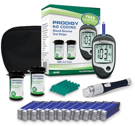 PRODIGY 10500 100ct Test Strips with AutoCode Talking Meter Starter Kit, PRODIGY AutoCode Blood Glucose Talking Meter, No Coding Blood Glucose Test Strips (2 vials of 50ct), Adjustable Depth Lancing Device, Twist Top Lancets 28G (10ct), Carrying Case, Quick Reference Guide, Owner's Manual