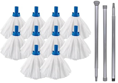 Large Floor Mops Mop Head Refills (10 Super Absorbent Mops With 140cm Handle) For Hard Floor Mopping Cleaning Home office and Commercial Use Blue