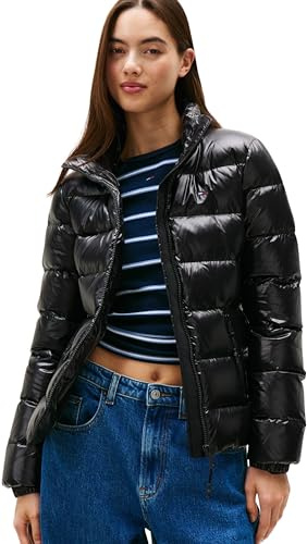 Tommy Jeans Women’s Slim Zip Print Down Water Repellent Puffer Jacket, Black (Black), S